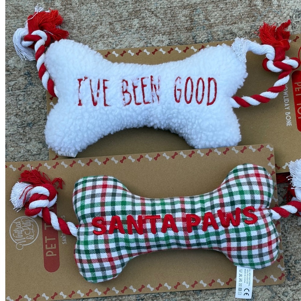 Winifred & Lily Christmas Dog Toy Set 2pk Santa Paws I've Been Good Bone Rope